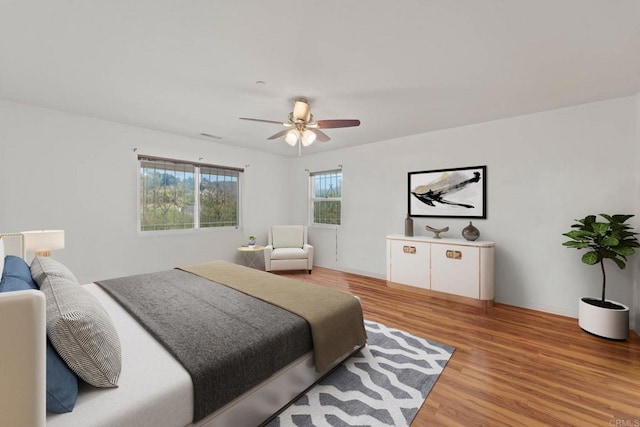 bedroom featuring ceiling fan and wood-type flooring