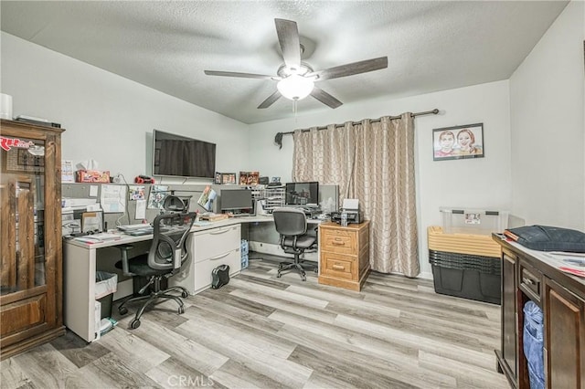 office area featuring ceiling fan, light hardwood / wood-style floors, and a textured ceiling