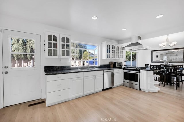 kitchen featuring range hood, sink, white cabinets, light hardwood / wood-style floors, and stainless steel appliances