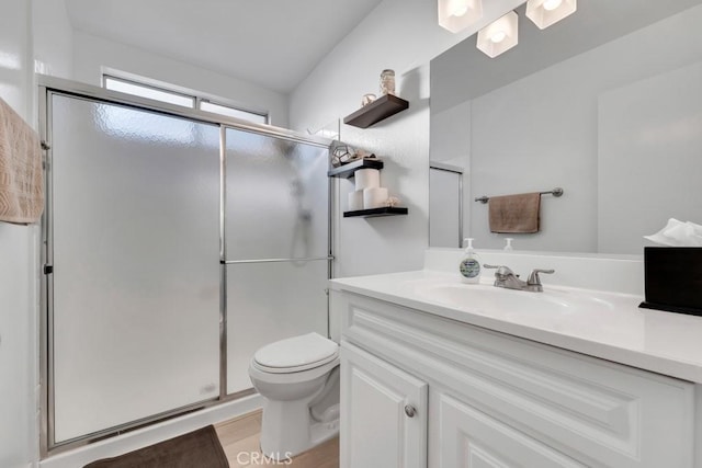 bathroom featuring vanity, hardwood / wood-style flooring, toilet, and walk in shower