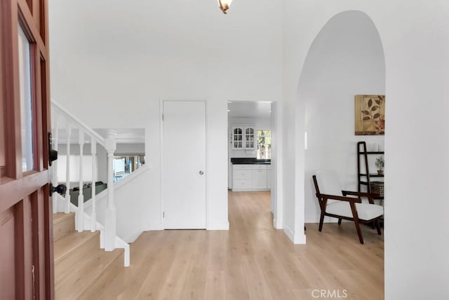 entryway with a towering ceiling, plenty of natural light, and light wood-type flooring