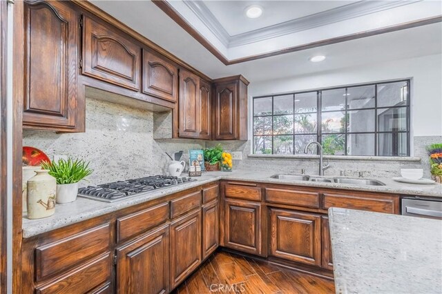 kitchen with stainless steel gas stovetop, sink, ornamental molding, a raised ceiling, and dark wood-type flooring