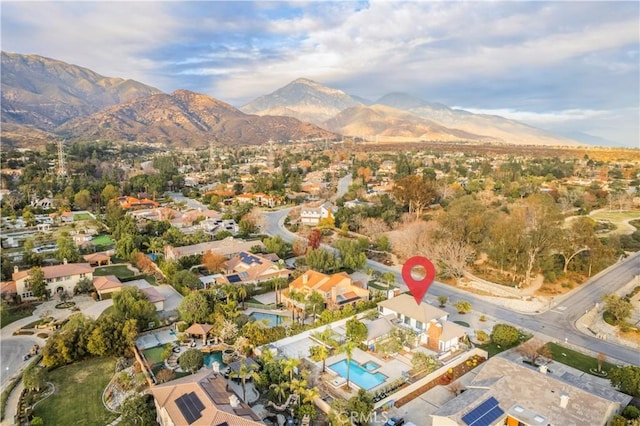 drone / aerial view featuring a mountain view