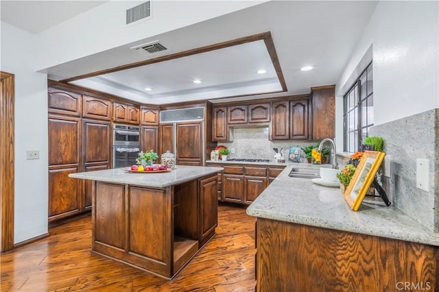 kitchen featuring appliances with stainless steel finishes, sink, a center island, light stone counters, and a tray ceiling