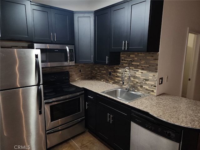 kitchen with sink, decorative backsplash, stainless steel appliances, and light tile patterned floors