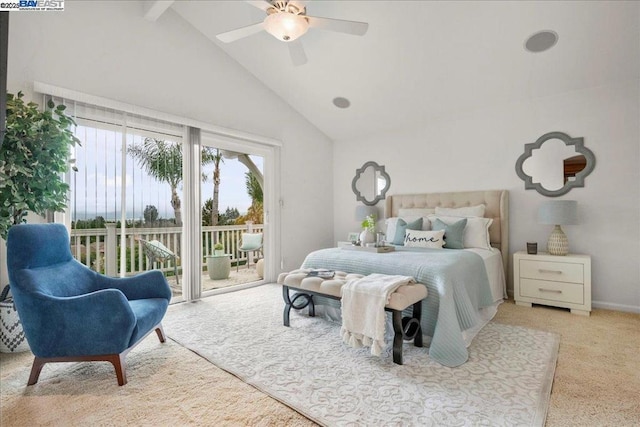 carpeted bedroom with ceiling fan, high vaulted ceiling, and access to outside