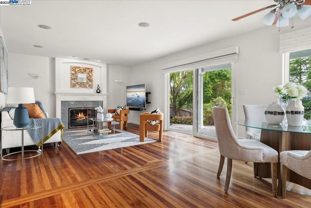 living room with hardwood / wood-style flooring and a fireplace