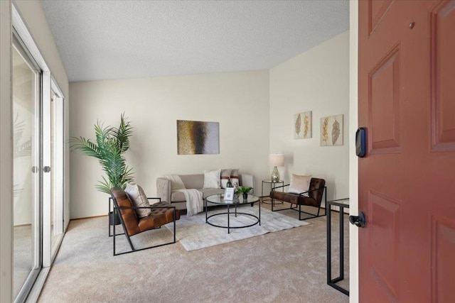 carpeted living room with vaulted ceiling and a textured ceiling