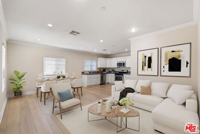 living room featuring ornamental molding, sink, and light hardwood / wood-style flooring