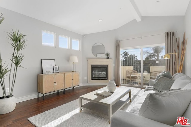 living room with lofted ceiling with beams and dark hardwood / wood-style flooring