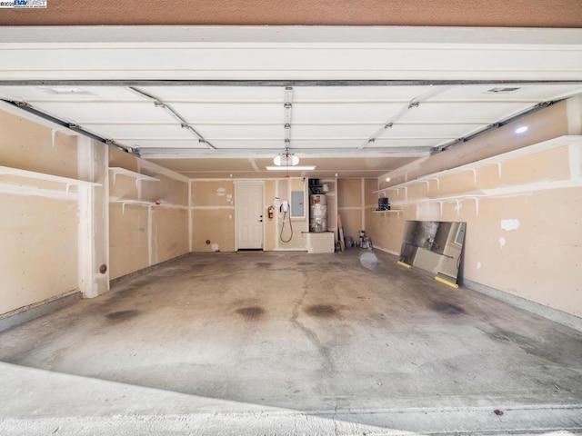 garage with electric panel and water heater