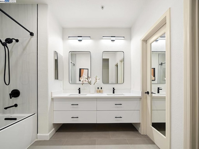 bathroom with vanity, tile patterned flooring, and  shower combination