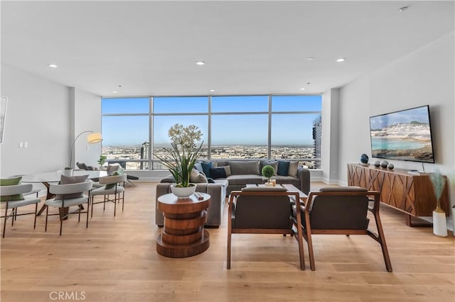 living room with light hardwood / wood-style floors and expansive windows