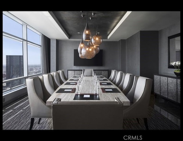 dining area with a wealth of natural light and a raised ceiling