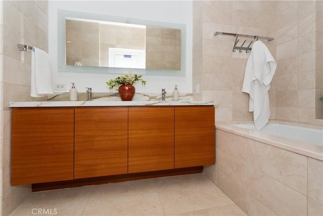 full bath with double vanity and tile walls