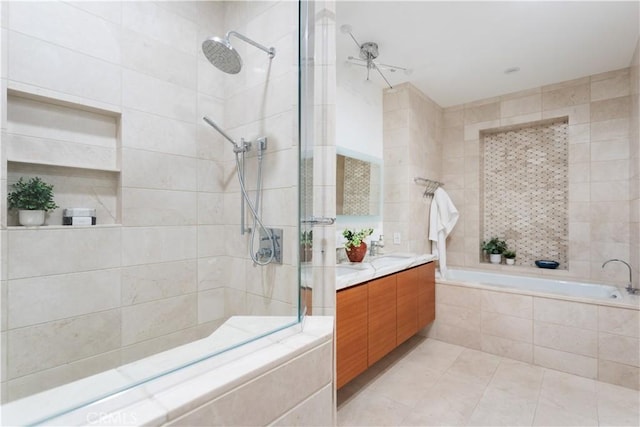 full bath featuring a bath, tiled shower, tile walls, tile patterned flooring, and vanity