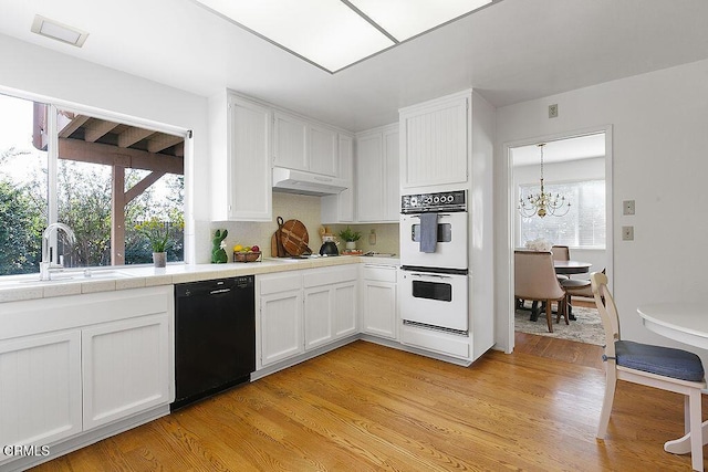 kitchen featuring white cabinetry, sink, tile counters, and white appliances