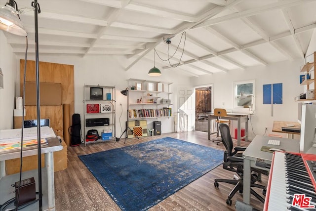 office area featuring wood-type flooring and vaulted ceiling with beams