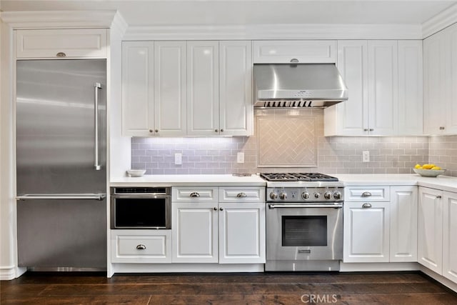 kitchen with white cabinetry, high quality appliances, and dark hardwood / wood-style flooring