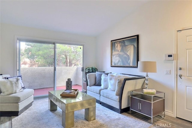 living room with vaulted ceiling and wood-type flooring