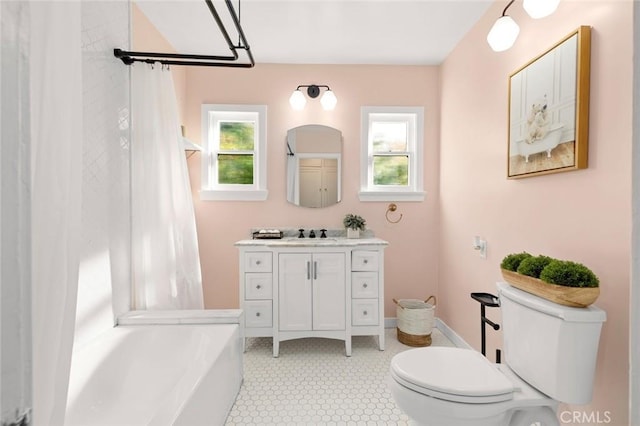 bathroom with tile patterned flooring, a washtub, toilet, vanity, and a shower with curtain