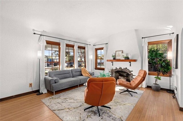 living room featuring vaulted ceiling and light hardwood / wood-style floors