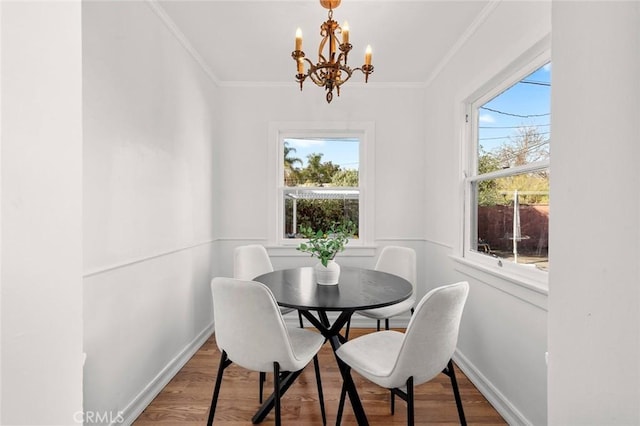 dining room with plenty of natural light, wood finished floors, and crown molding