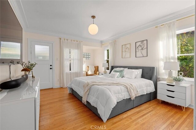 bedroom with ornamental molding and light hardwood / wood-style floors