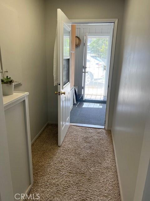 doorway to outside with carpet floors and baseboards