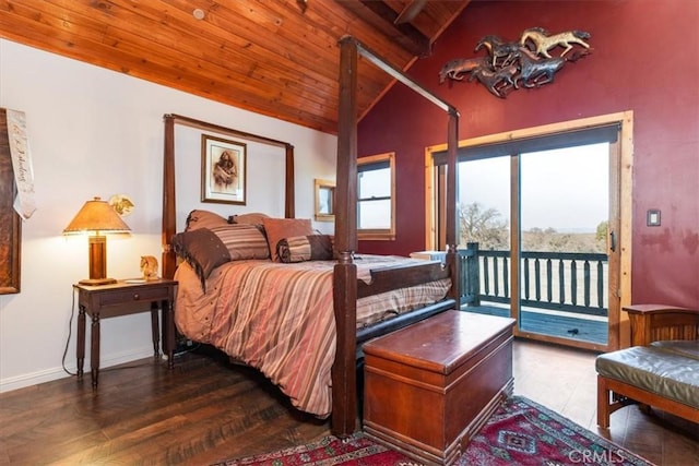 bedroom featuring wood ceiling, access to outside, multiple windows, and lofted ceiling with beams