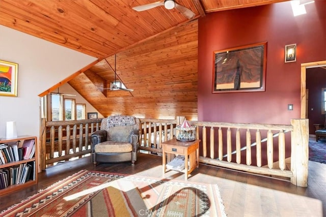 interior space featuring wooden ceiling, high vaulted ceiling, and dark wood finished floors