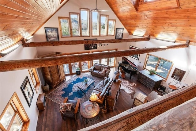 living room with wood ceiling, high vaulted ceiling, a wealth of natural light, and wood finished floors