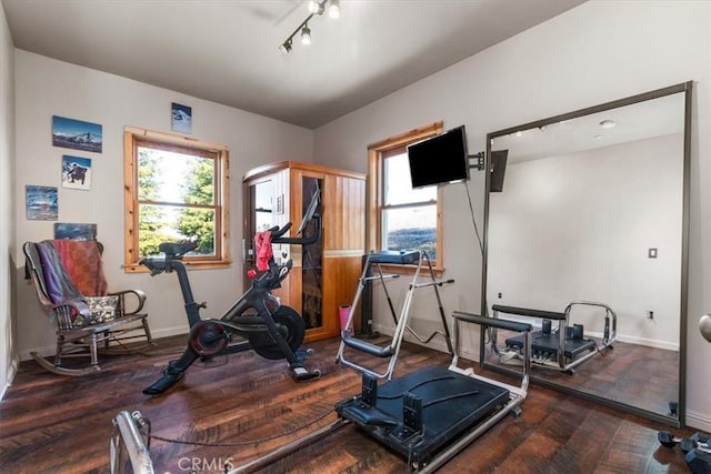 exercise room featuring a healthy amount of sunlight, baseboards, and dark wood finished floors