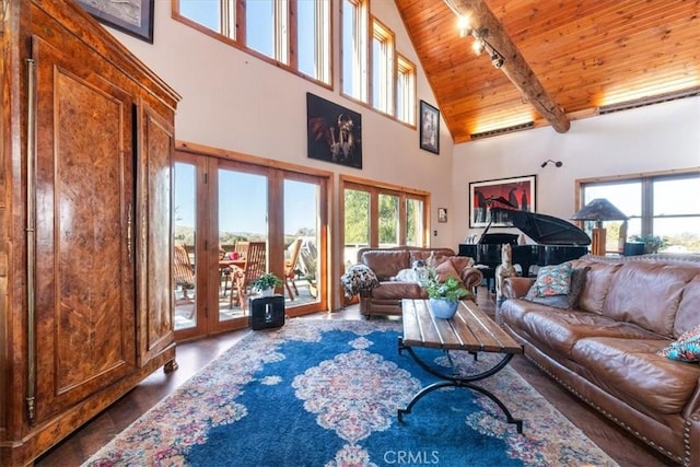 living area featuring high vaulted ceiling, wood ceiling, and track lighting