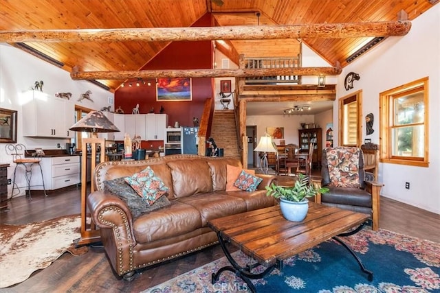 living room featuring high vaulted ceiling, wooden ceiling, beam ceiling, and dark wood-style floors