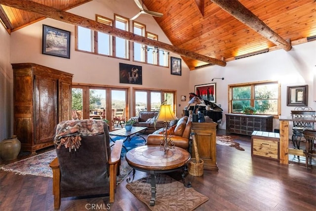 living area featuring wood ceiling, beamed ceiling, dark wood-style flooring, and ceiling fan