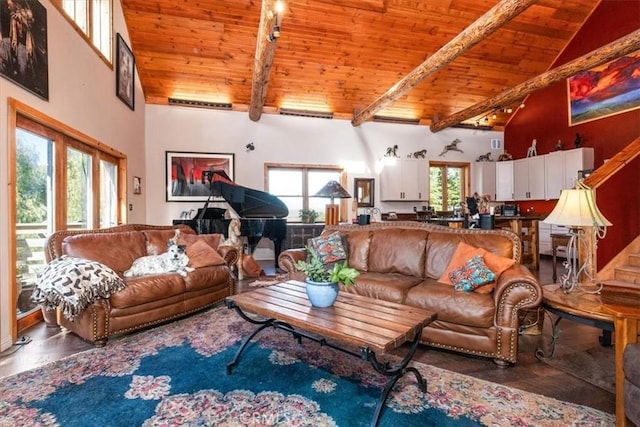 living area featuring wood ceiling, high vaulted ceiling, and beamed ceiling