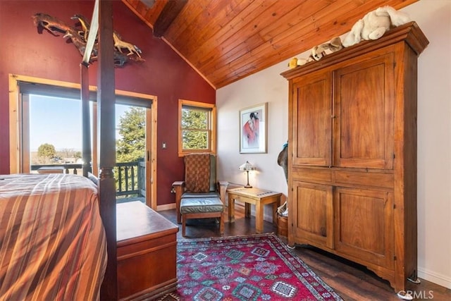 bedroom with baseboards, lofted ceiling, dark wood-style floors, wood ceiling, and access to outside