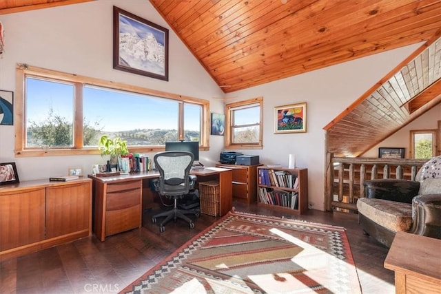 office with high vaulted ceiling, wooden ceiling, and dark wood finished floors