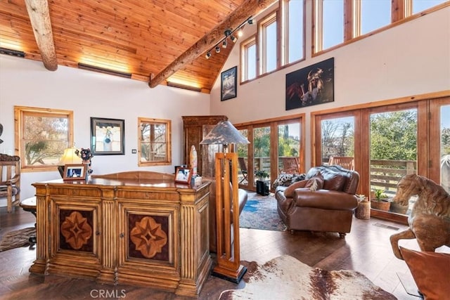 interior space featuring dark wood-style floors, visible vents, wood ceiling, high vaulted ceiling, and beamed ceiling