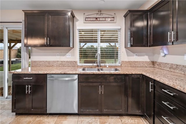 kitchen featuring stainless steel dishwasher, dark brown cabinetry, sink, and plenty of natural light