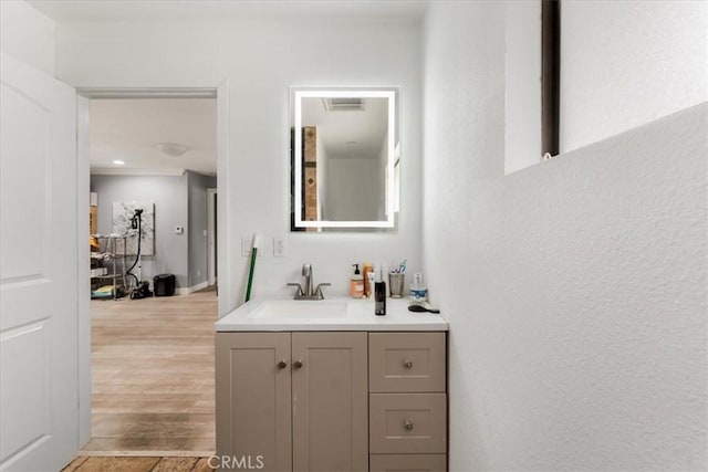 bathroom featuring vanity and hardwood / wood-style floors