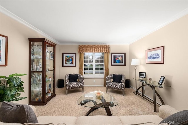 carpeted living room featuring ornamental molding