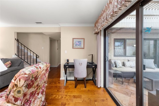 office area featuring crown molding and wood-type flooring