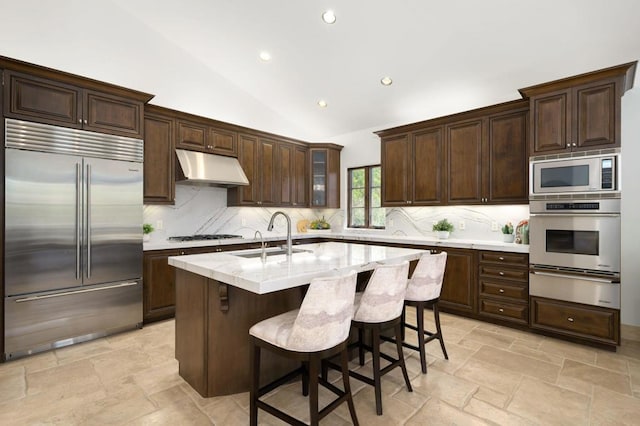 kitchen featuring sink, a breakfast bar area, built in appliances, an island with sink, and vaulted ceiling