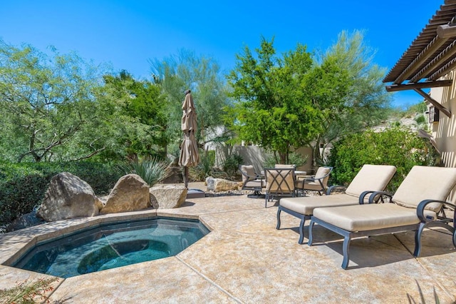 view of swimming pool featuring an in ground hot tub and a patio area