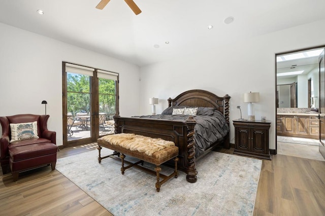 bedroom with ceiling fan, connected bathroom, access to exterior, and light wood-type flooring