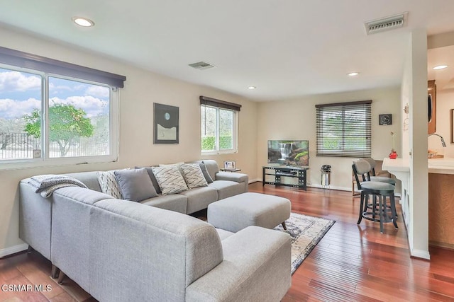 living room featuring sink and hardwood / wood-style floors