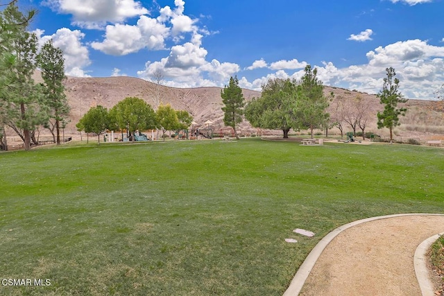 surrounding community featuring a mountain view and a yard