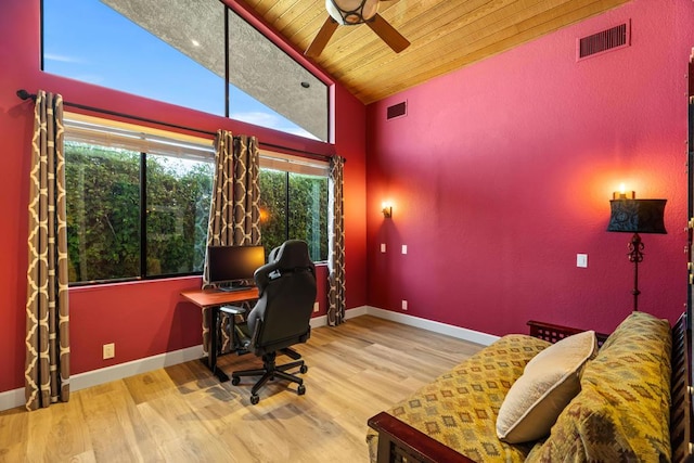 office area with hardwood / wood-style flooring, lofted ceiling, wooden ceiling, and ceiling fan